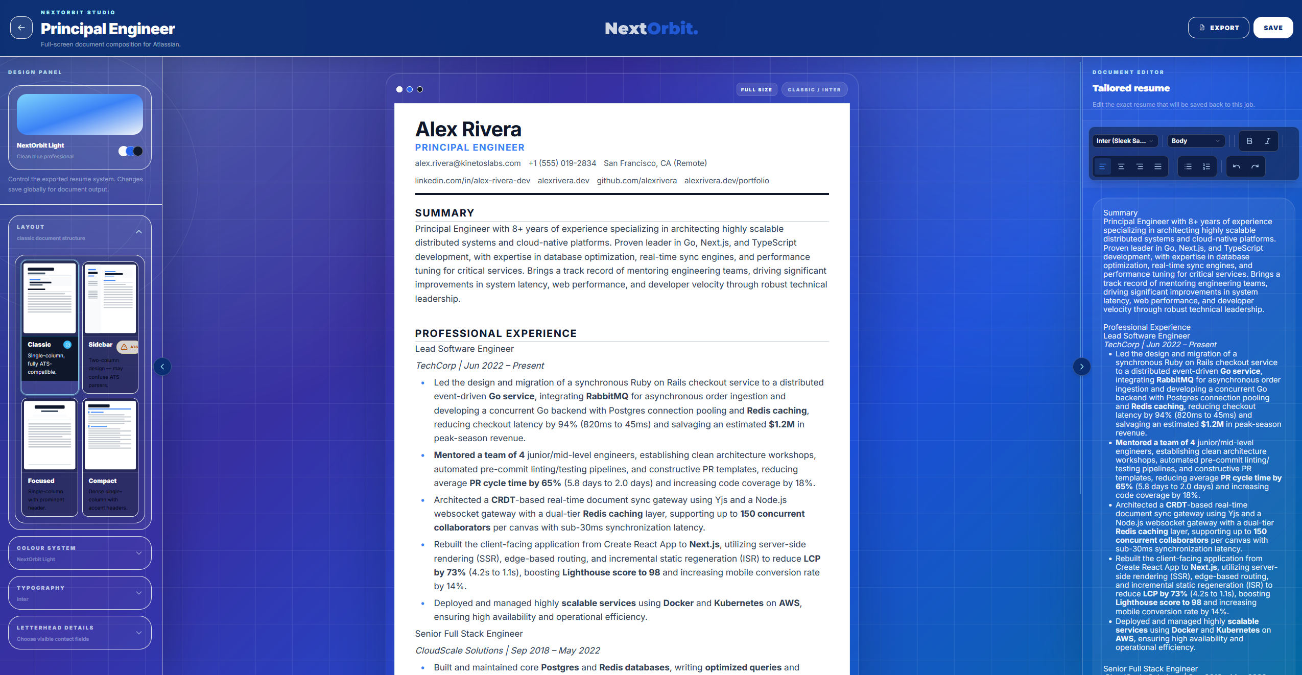 NextOrbit resume Studio with a polished, role-tailored resume and template options.