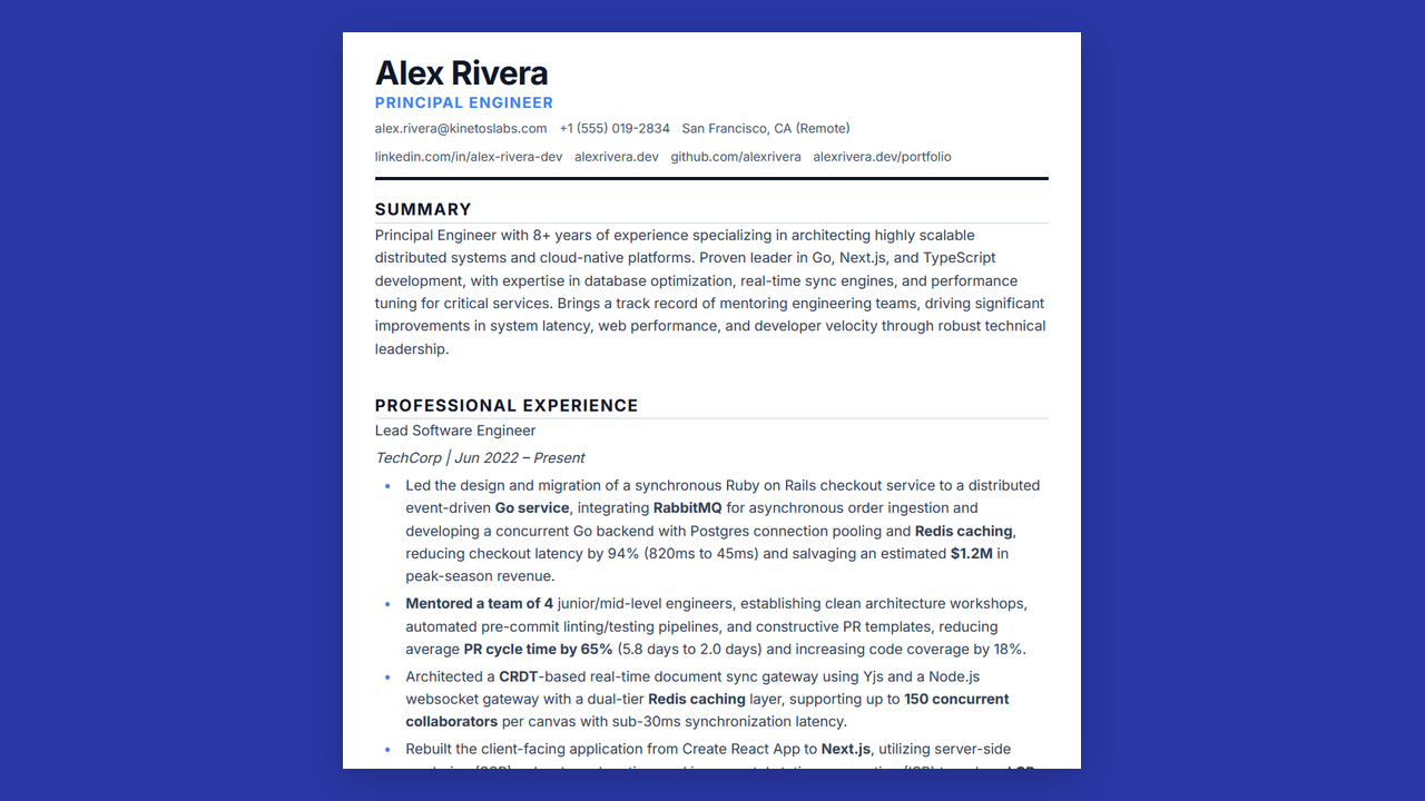 A polished, role-tailored resume centred in the NextOrbit resume Studio.